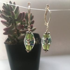 💐210: Green Speckled Venetian Glass Earrings